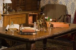 An elaborate reproduction of the table in Charles Darwin's study at Down House.