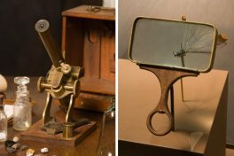 Left: Microscope, similar to that used by Charles Darwin. Right: Magnifying glass, 1800's, similar to that used by Charles Darwin.